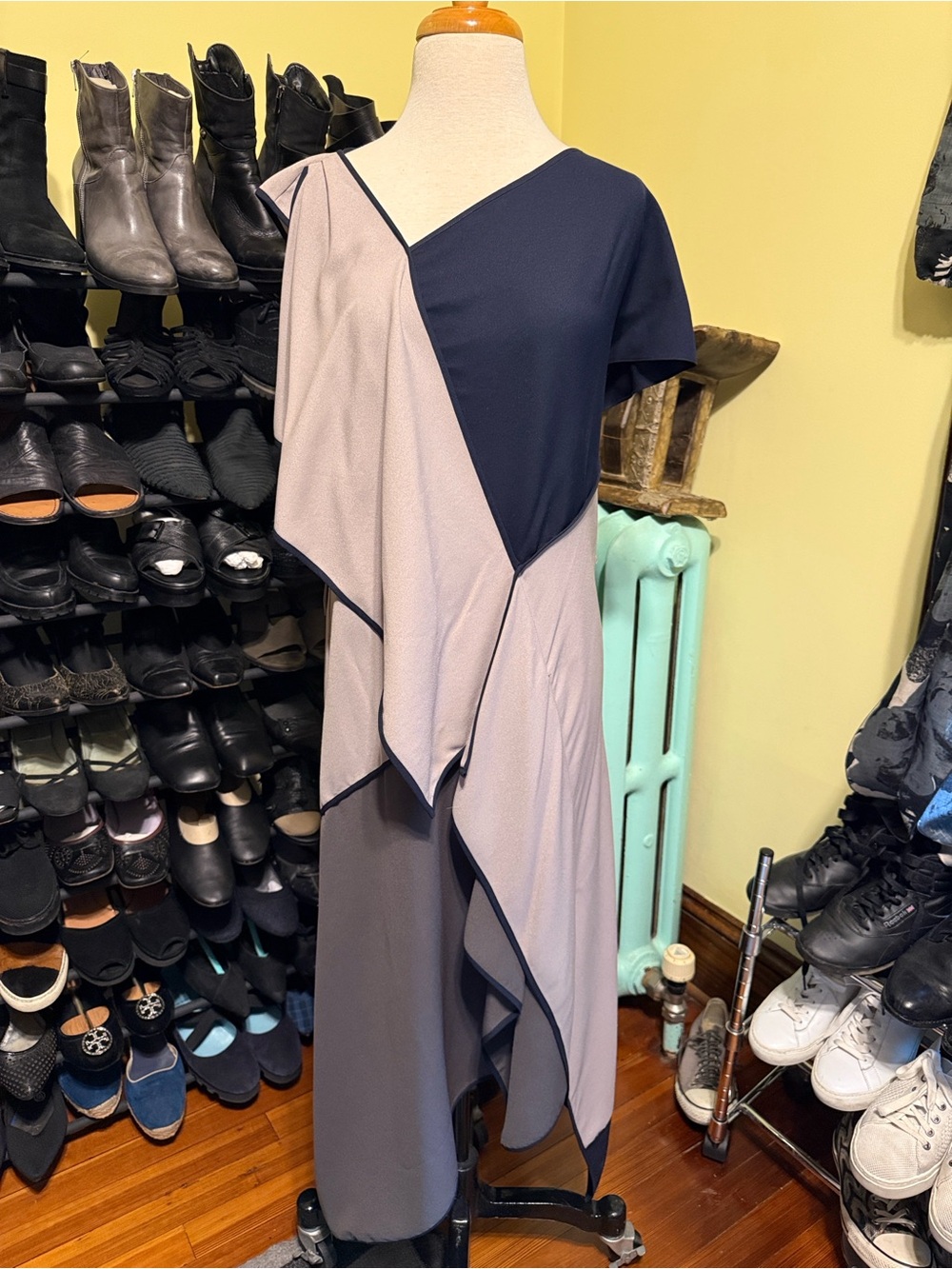 BCBG RUNWAY  Asymmetrical Colorblock Layered Dress - Grey & Blue